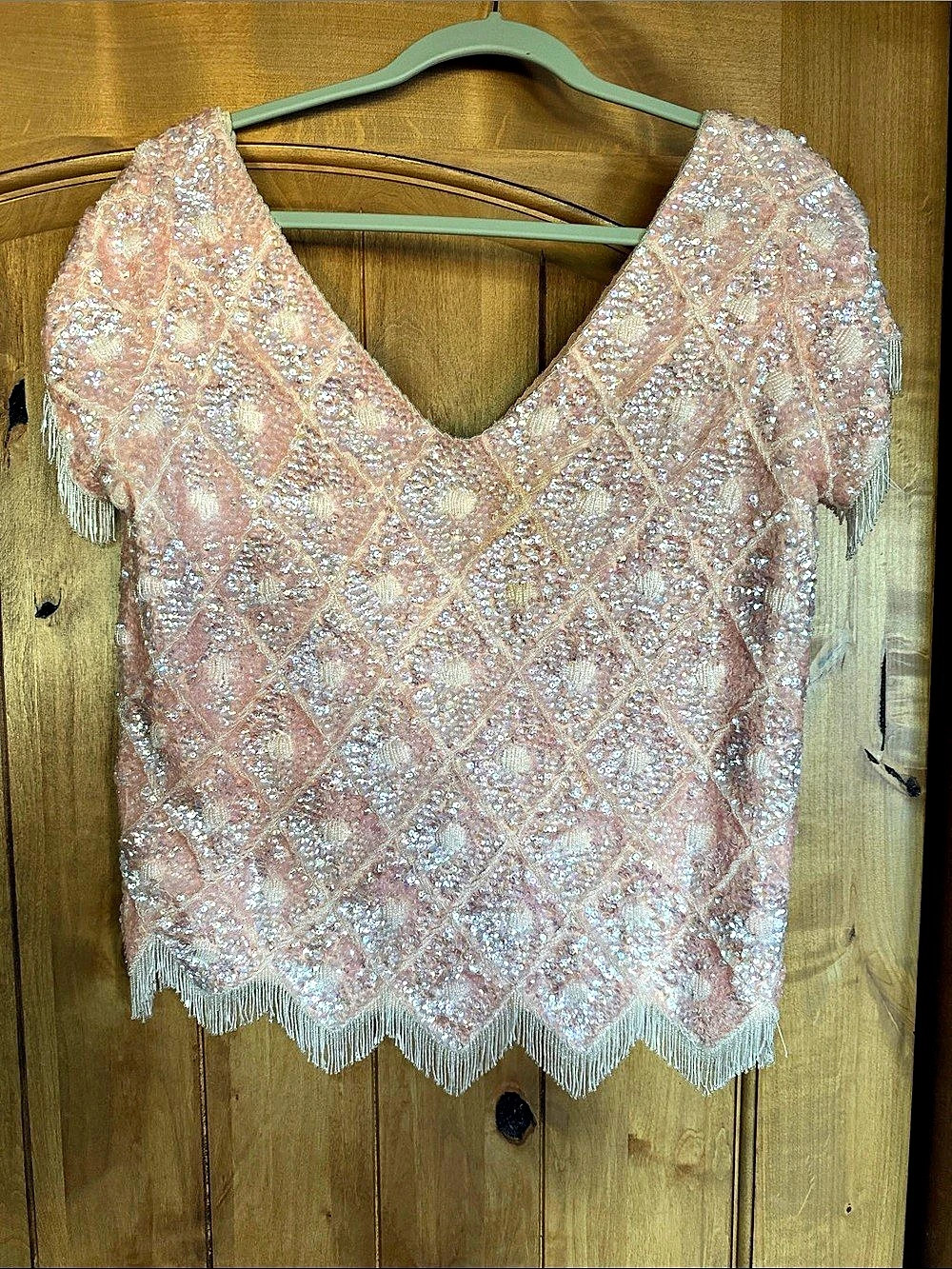 Sequin V-Neck Top in Pink & Silver Size Medium